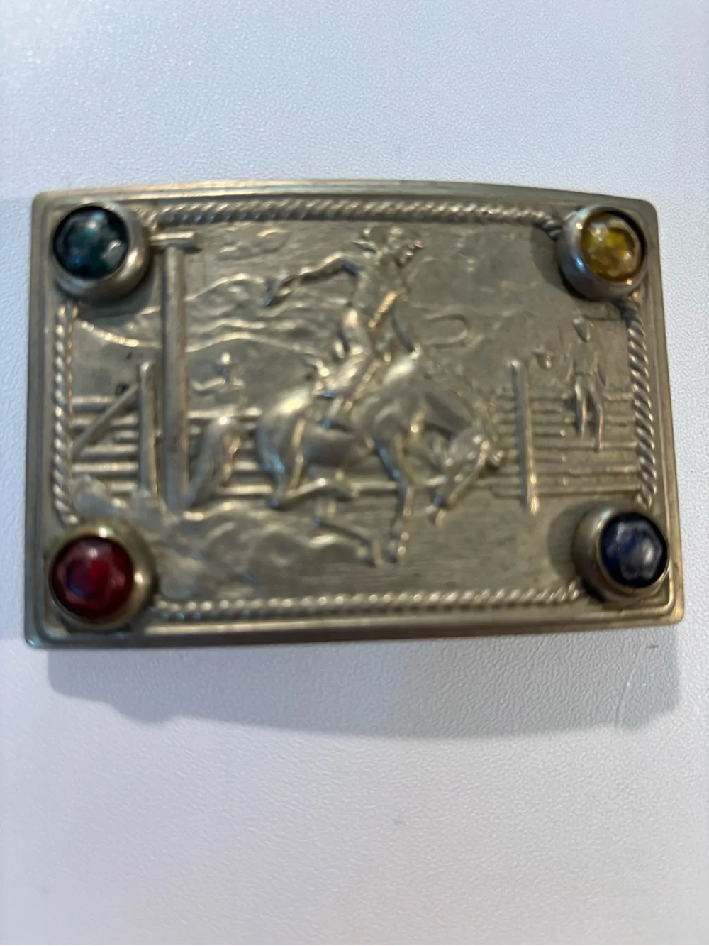 Vintage Western Motif Belt Buckle with Multicolor Stones 1940s? Cowboy